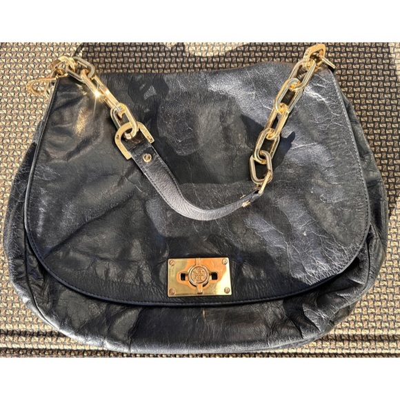 Tory Burch Gold Black Leather & Canvas Chain Linked Over-the-Shoulder Hobo Bag - Picture 2 of 13